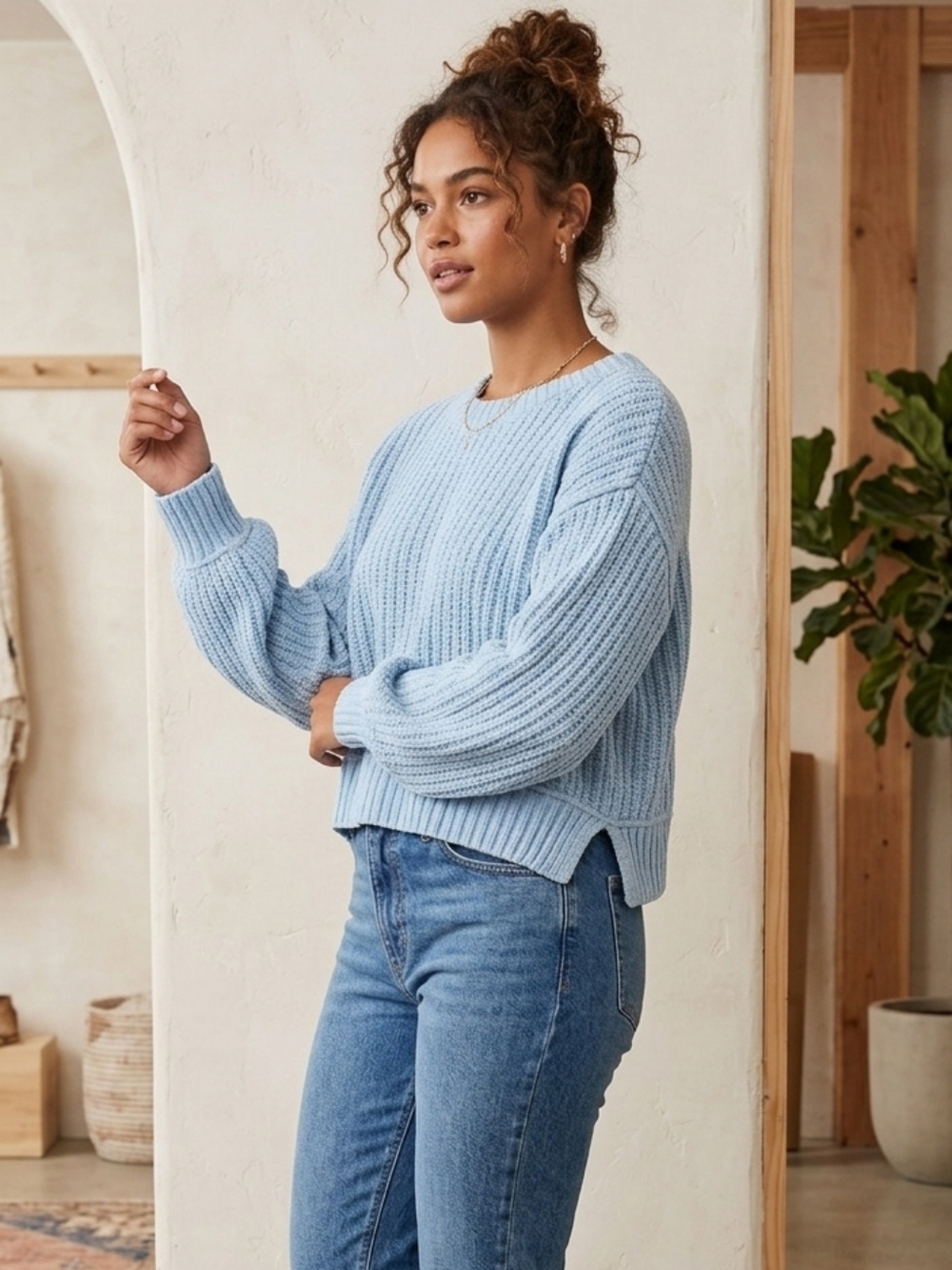 Aeropostale Light Blue Ribbed Crewneck Cropped Sweater